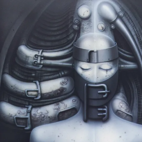 gigerart, a piece of art by HR Giger. The artwork depicts a humanoid figure of a bald , wearing a headband screwed into its skull. and various straps that bind its body. Its body melds into the background which is a snake of pipes and cables. The figure is...