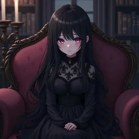 Gothic girl cute, with long black hair, sitting on sofa, anime style