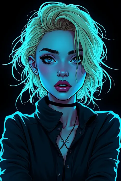 Create an ultra-detailed digital illustration in 4K on a black background with neon blue, fluorescent silhouette, portrait of a 40 year old woman blonde, bold pose, very chic look, mysterious smile, messy hair, rebellious attitude . The work should be char...