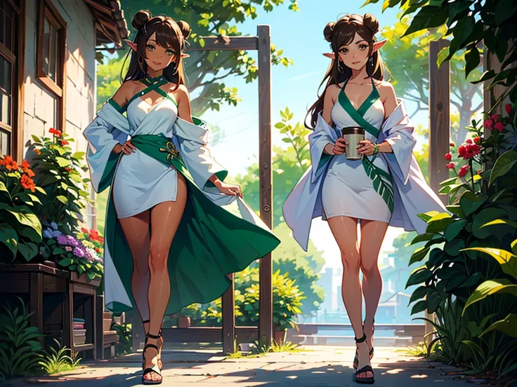 masterpiece, high quality, illustration, extremely detailed, cg unity 8k, ((summer: 1.4)), ((2 women)), walking, (full body) (tan exotic skin_complexion:1.4), mature, statuesque, beautiful, exotic, with long elf ears, smiling, (((looking away from viewer))...