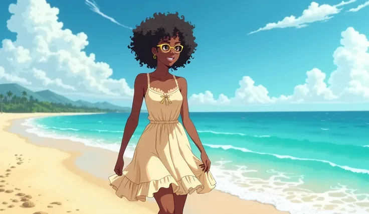 Same brazilian woman in anime style, wering a dress, black skin, brown eyes, wearing glasses and she is walking in the beach. The woman has 20 years old, curly hair, she seems happy. Anime style. Anime Style only.