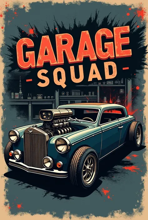 Car custom garage T shirt logo and side text Garage squad and engine pic 