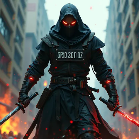 High Resolution, Cyberpunk ninja male in black ,  large-bodied with flaming red eyes , wears the name tag GR10 T3roriz in middle chest, in war, hold double swords
