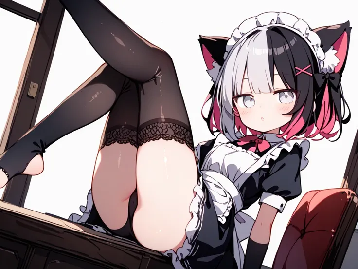 (((split-color hair))) (((two-tone hair))), (black hair), (silver hair), one young girl 、Maid、 sitting、 ruffle socks 、From below、Ashikiri 、 Embarrassing 、 Puffy Lips 、 Toeless Legwear、 cross lace legwear、masterpiece、 top quality、Three white eyes、