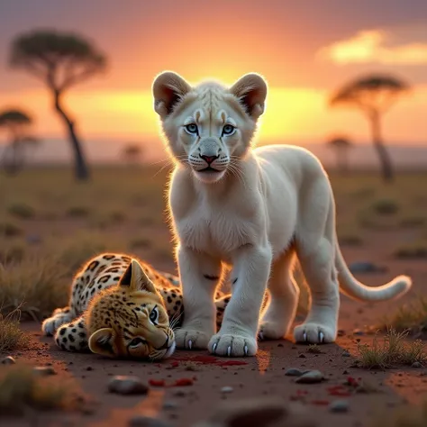 "Create an 8K ultra-high-definition image of a white lion cub standing victorious over a slain leopard cub in the African savannah at sunset. The white lion cub, with its majestic, snow-white coat and golden mane beginning to show, stands proudly over the ...