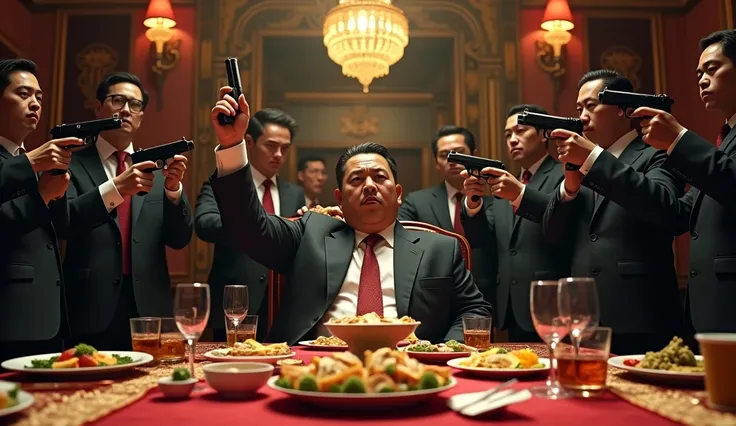 A banquet table with an Asian boss smoking a cigarette, holding up a gun. Behind him are his subordinates, all armed and pointing their guns forward.




