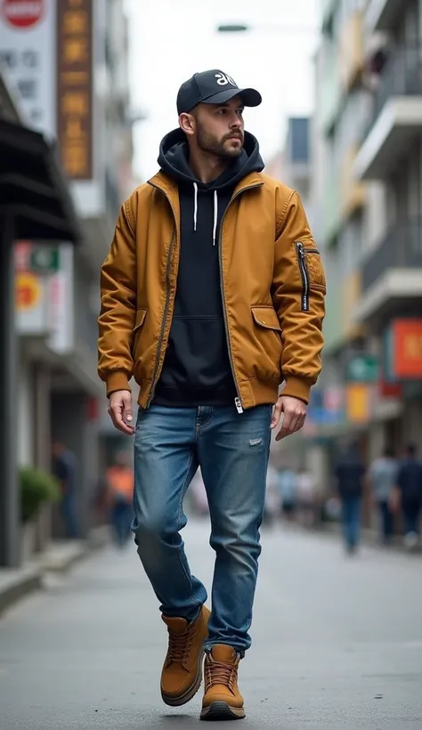 Empat Cowok keren tampan tegap mengenakan jaket bomber kasual celana jeans pakai topi baseball sepatu bots berjalan di jalanan kota jepang Professional living  , 4k, HD, UHD, 8K,  High detail ,        ultra definition 