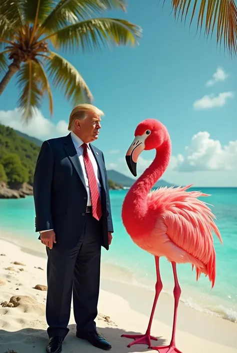 donald trump on a beach with putin dressed as a flamingo