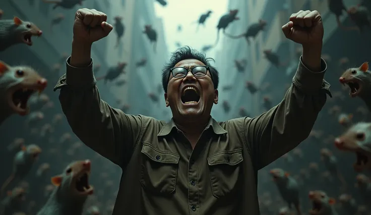 indonesian man with glasses, attacked by thousands of rat, full of rage