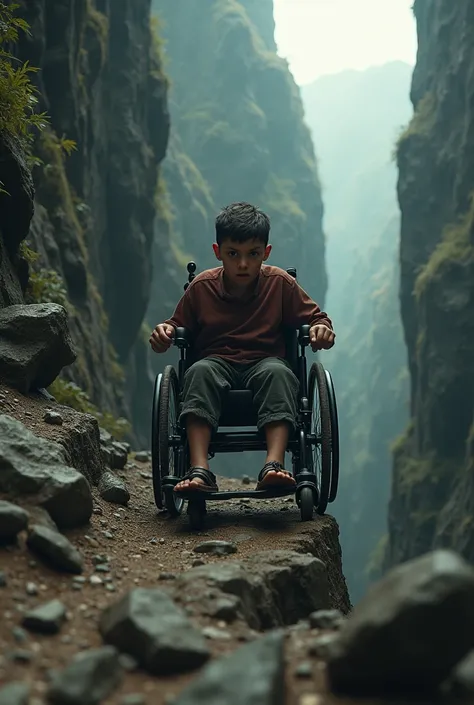 Boy in a wheelchair falling off a ravine