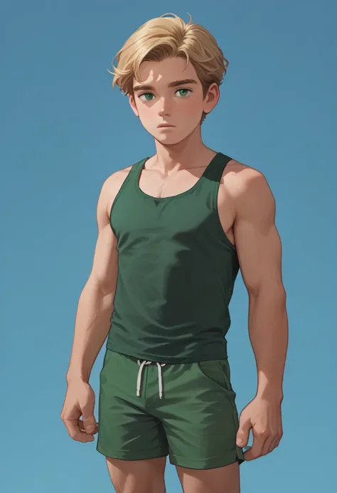 score_9, score_8_up, score_7_up, 1boy, solo, male focus, Greg, Blonde Hair, Green Eyes, green  tank top, green shorts