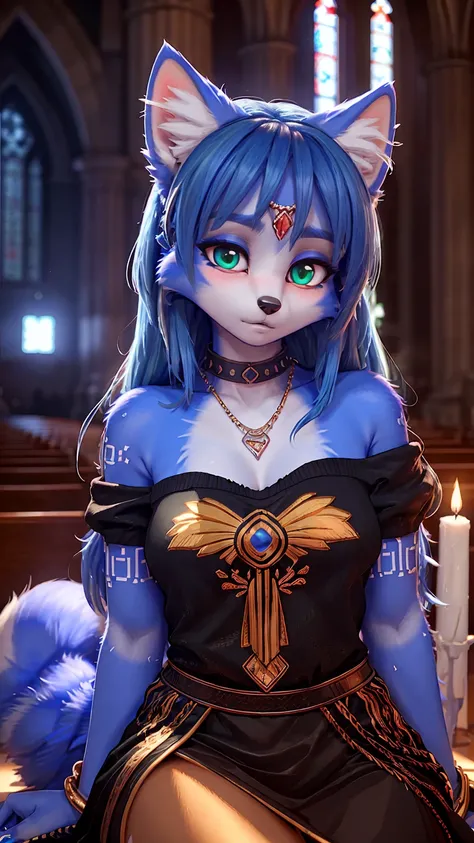 ((krystal)), Star Fox-Krystal, lovable, green eyes, ((( Long blue hair 1 .3))), Decollete, anthro, Fuzzy,  detailed Fluffys fell,  detailed face , (Fluffy),  1 girl, ,woman, Goth, green eyes, undercut, ultra-realistic 8k cg ,  masterpiece, (( ultra-detaile...