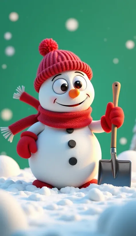   A snowman with big eyes  ,   wearing a red hat and a red scarf , wearing red gloves  , snowdrift,  cleans snow with a shovel , green background,, 3d