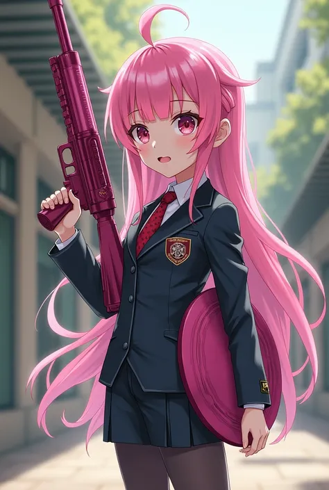 A young Abydos high school student with pink hair longer than his thigh and 1m45 tall cute dressed Abydos school student wearing pink beretta 1301 shotgun and his other hand holding a shield! 