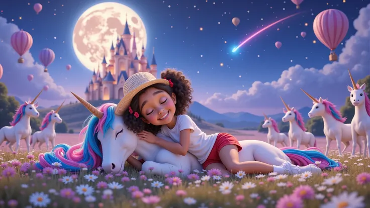 Style: Inspired by Disney-Pixar style films, characters and promotional paintings.
Characteristics of the girl: An girl, fair-skinned, mixed race, daughter of a black father and white mother, curly hair tied in two ponytails with red ribbons. She wears a...
