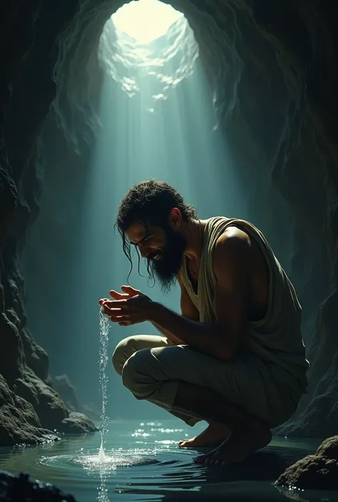 "A man crouched at the bottom of a well, scooping water into his hands and drinking, his face reflecting relief and gratitude, with his surroundings dimly lit by sunlight filtering in from above."