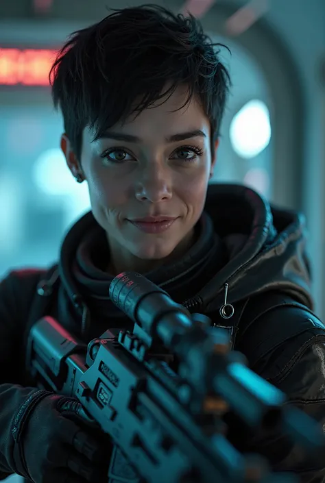 Masterpiece, 8k, lots of details. 30 year old tough looking slim woman. She has dark short punk like haircut. She is smiling confidently. She wears slim black combat space suit. She is aboard a spaceship, she is holding a futuristic sniper rifle with some ...