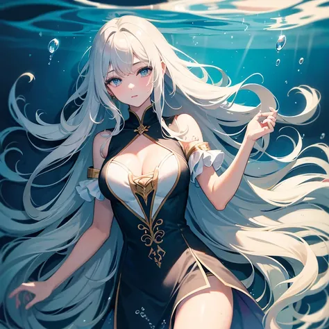 masterpiece, best quality, 1 girl, tall, long hair, closed eye, under the sea, water, light
