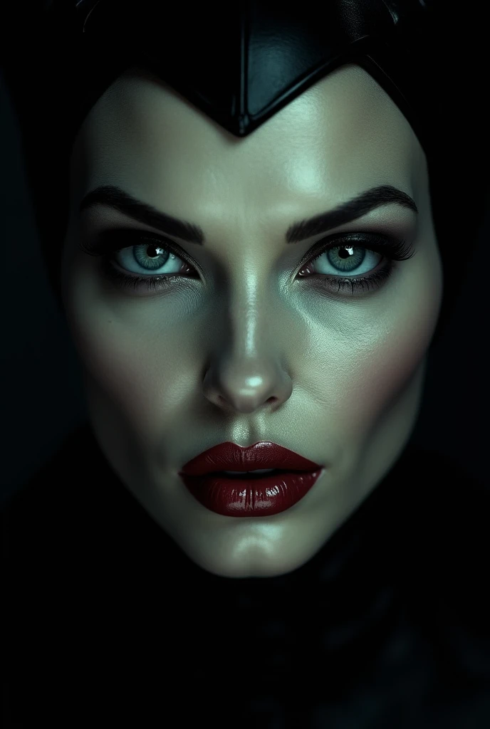 Angelina Jolie in the image of Maleficent close-up, dynamic pose, play of light and shadow, magical aesthetics