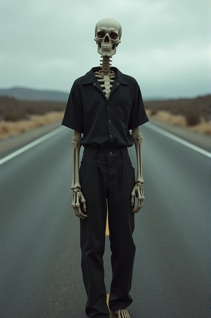 Imagine a skelton stand in higway ware black shirt and black pants