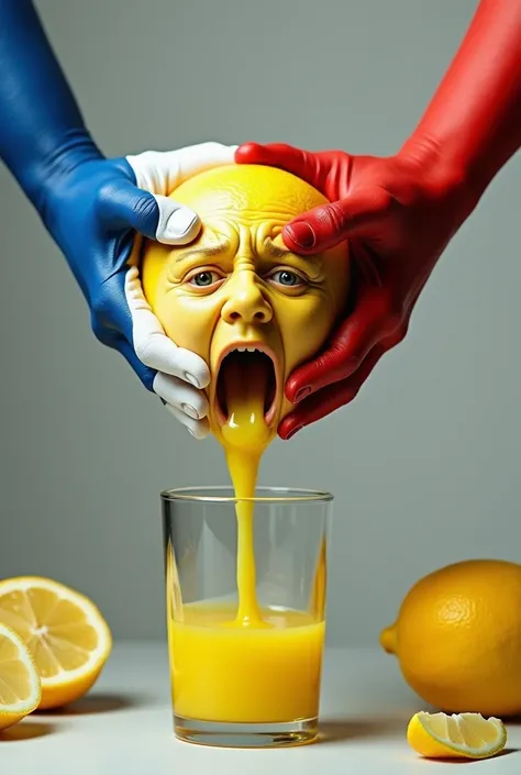 Prompt:

"A surreal and imaginative scene showing a human face being squeezed like a lemon. The face appears distressed, with yellow juice dripping from its mouth into a glass below. The hand squeezing the face is painted in bold colors resembling the Fren...