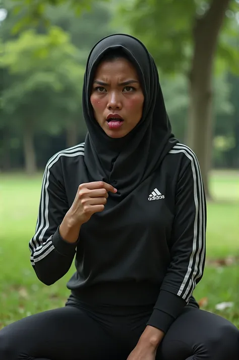 Malay women, adidas clothes,adidas leggings pants with three stripes,wear adidas hijab,big breasts,holding her breasts,slurring her tongue by drooling,Sitting on park,Sweaty face,Anxious face