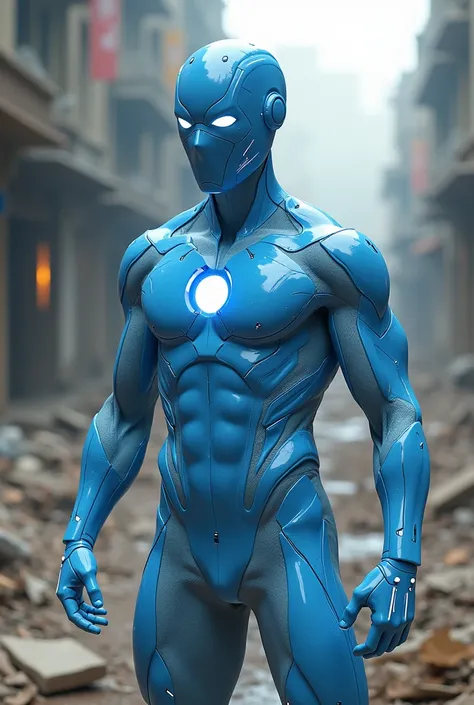 a 19-year-old white superhero with a blue mask that covers his entire face and white eyes light blue nanotechnology suit in a fighting position in a combat zone