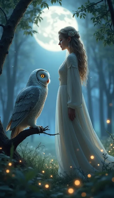 "Picture Nanna, the Norse goddess of love and devotion, standing in a serene, moonlit grove. She is dressed in a soft, flowing gown that shimmers with silvery hues, her gentle face illuminated by the soft glow of the full moon above. Across from her sits a...