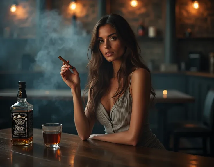    shirt that creates an atmosphere mystery and magic ,  sitting at a bar table .  and on the table in front of her there is a glass with a drink ,  tied at her waist .  Her hair is long and brown ,  theyre a little disheveled .

 Woman holding a cigar ,  ...