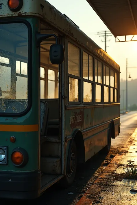 Show the bus, now abandoned at the stop, with a bright morning light. The last seat inside the bus has a dark, charred burn mark, giving an ominous ending.

