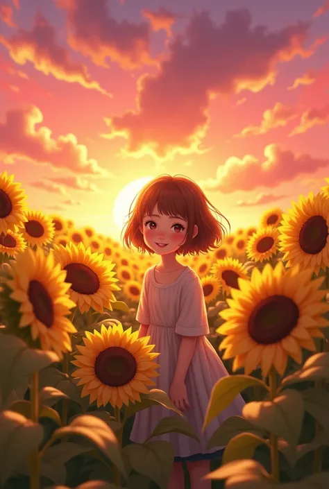  Brown-haired girl, short stature,  that you are looking at a pink sunset ,  with a field of flowers that reach your waist, And that the flowers are sunflowers .