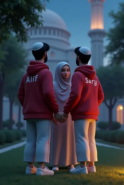  a pair of boyfriends wearing a kopyah ,and a woman wearing a veil ,  sits in front of the mosque garden  . the lovers are wearing a red Hoodie with white writing . One t-shirt says “ALIF” and the chick one reads “SARRY”.
 the lovers are wearing long white...