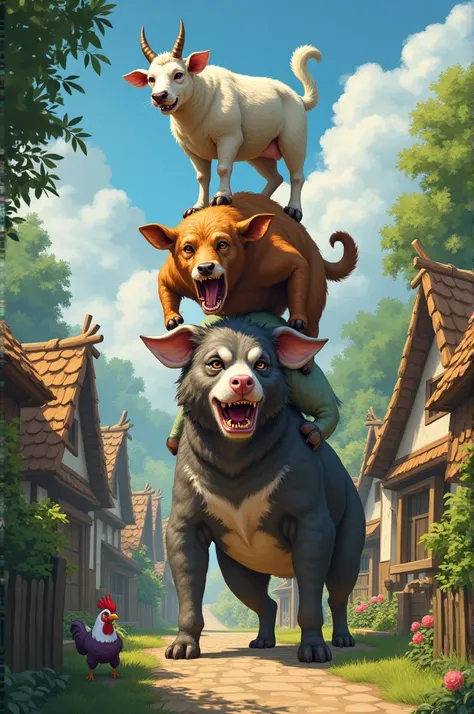 Generate picture illustration of a village area where a pyramid of animals e.g cow, sheep, dog, cat, cock ( having human body but animal head) are arranged climbing each other shoulder  and making noise to scare people out of the village from a near by bus...