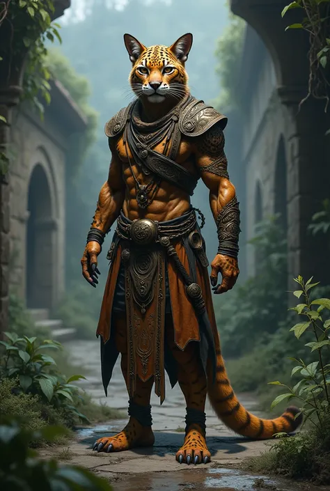 A bardo tabaxi with jaguar-like features in medieval RPG style