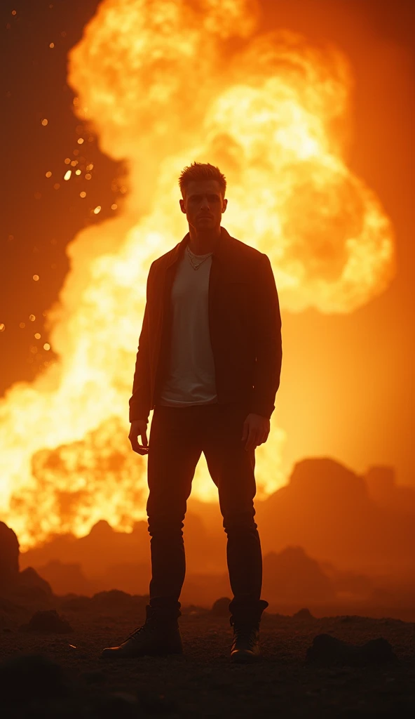  A tall white man, 35 years old,  Short hair ,  blond hair.  Standing in the background of an explosion , backlight,  cinematography , sky rays ,  high quality