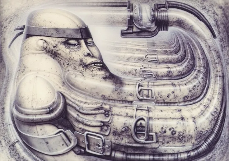 gigerart, a piece of art by HR Giger. The artwork depicts a humanoid figure of a bald , wearing a headband screwed into its skull. and various straps that bind its body. Its body melds into the background which is a snake of pipes and cables. The figure is...