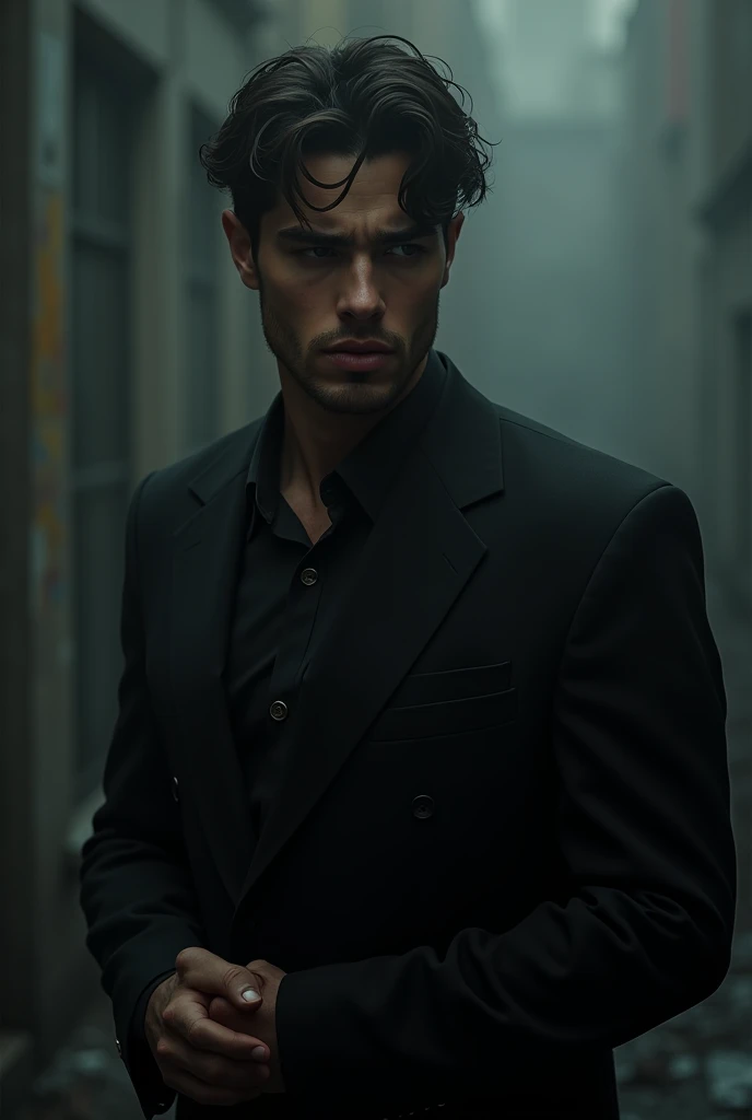 A handsome, depressed, curvy young man in a black suit