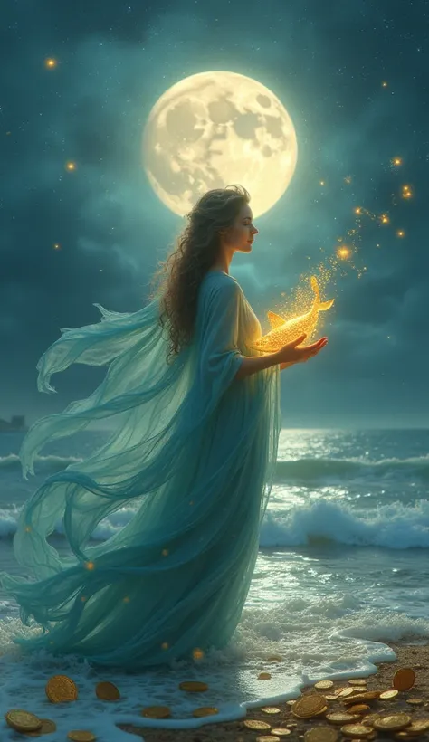 art photo, a mystical and enchanting depiction of Pisces (うお座), symbolizing their intuitive and spiritual connection to wealth. A celestial figure, draped in flowing robes of aqua and silver, stands gracefully by a tranquil, moonlit ocean. They hold a glow...