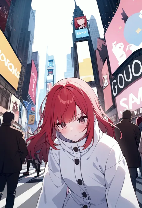 A sad girl with red hair in a white winter jacket in Time Square