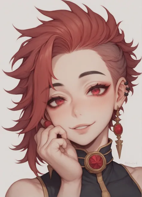 handsome boy, feminine face, anime 2d style, goth mage, red hair, red eyes, in mud light, soft face, dark circles, young face, gentle expression, very feminine, happy, holding you by the hand and running through a dark fantasy academia, dark eyebrows, beau...