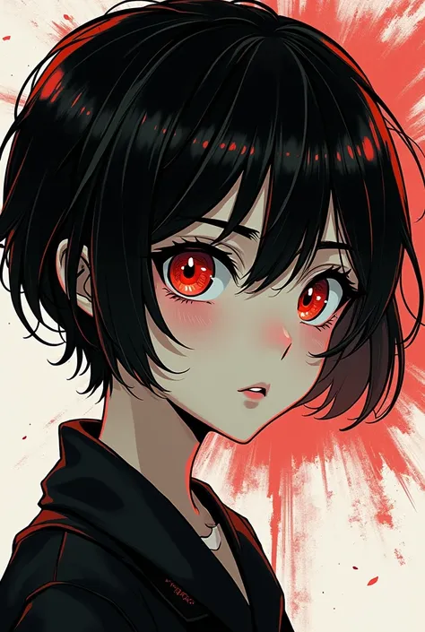 Draw a girl in Akutami gege style, short hair, red eyes, 