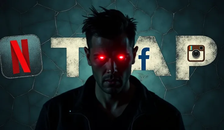 "Create a high-resolution and realistic YouTube thumbnail with a serious-looking man in the center, his eyes glowing with red light. Behind him, display the logos of Netflix, Instagram, and Facebook on a dark cracked background. The text should say SOCIAL ...