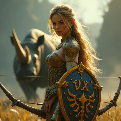  Zelda sexy warrior with her bow and shield written:"V3X " On are rhinoceros enraging warrior in gold armor 