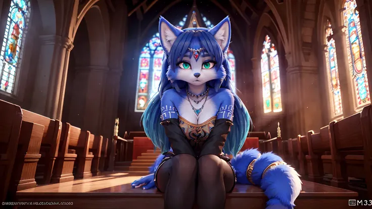 ((krystal)), Star Fox-Krystal, lovable, green eyes, ((( Long blue hair 1 .3))), Decollete, anthro, Fuzzy,  detailed Fluffys fell,  detailed face , (Fluffy),  1 girl, ,woman, Goth, green eyes, undercut, ultra-realistic 8k cg ,  masterpiece, (( ultra-detaile...