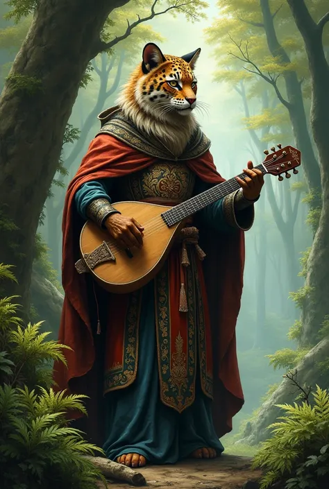 A tabaxi dressed as an ancient bard ,  with the features of a jaguar painted in medieval RPG style playing a lute in the middle of a forest.