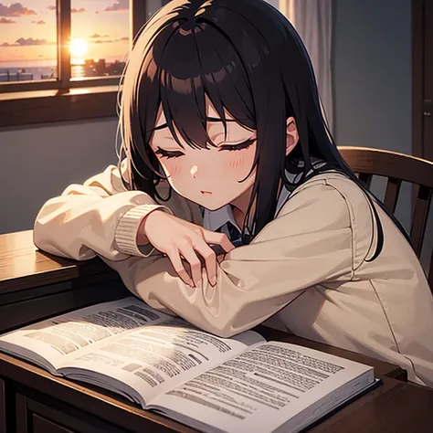 girl, long hair, desk, studying, close up view, cute, sleeping, room, sunset