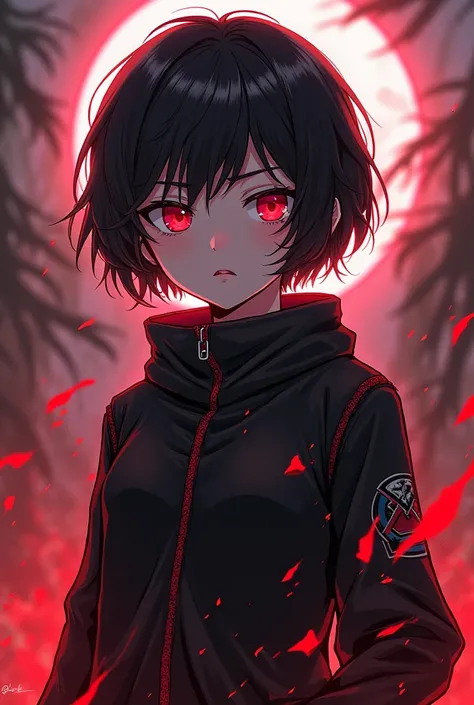 Draw a girl in Jujutsu kaisen style, short hair, red eyes, 