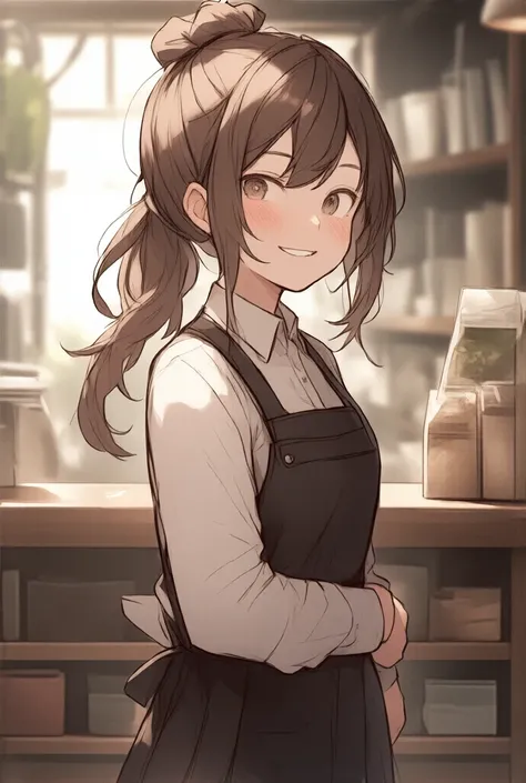 a female store clerk, apron, high ponytail, brown fluffy hair, smug face