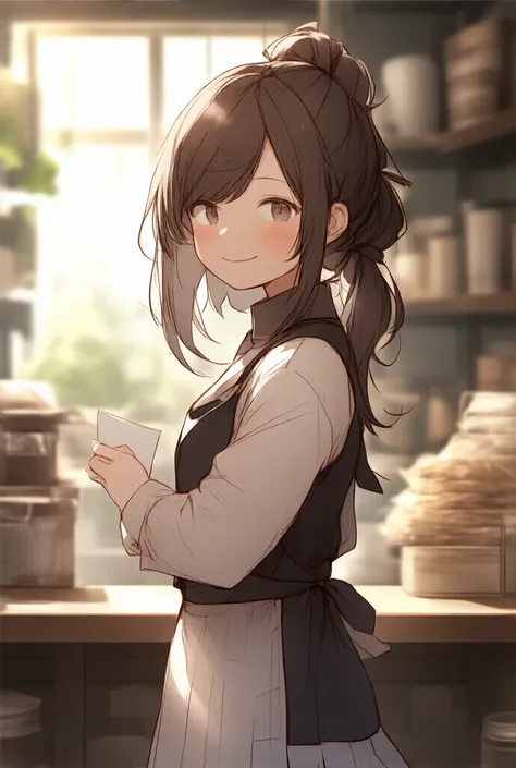 a female store clerk, apron, high ponytail, brown fluffy hair, smug face