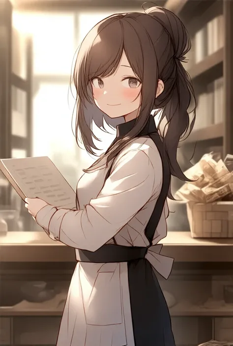 a female store clerk, apron, high ponytail, brown fluffy hair, smug face